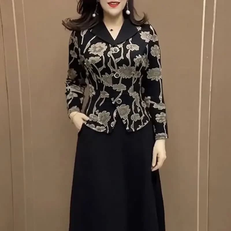 Fake Two Pieces Midi Dress Spring Autumn Elegant Tailored Collar Button Female Clothing Korean Patchwork A-Line Waist Dresses