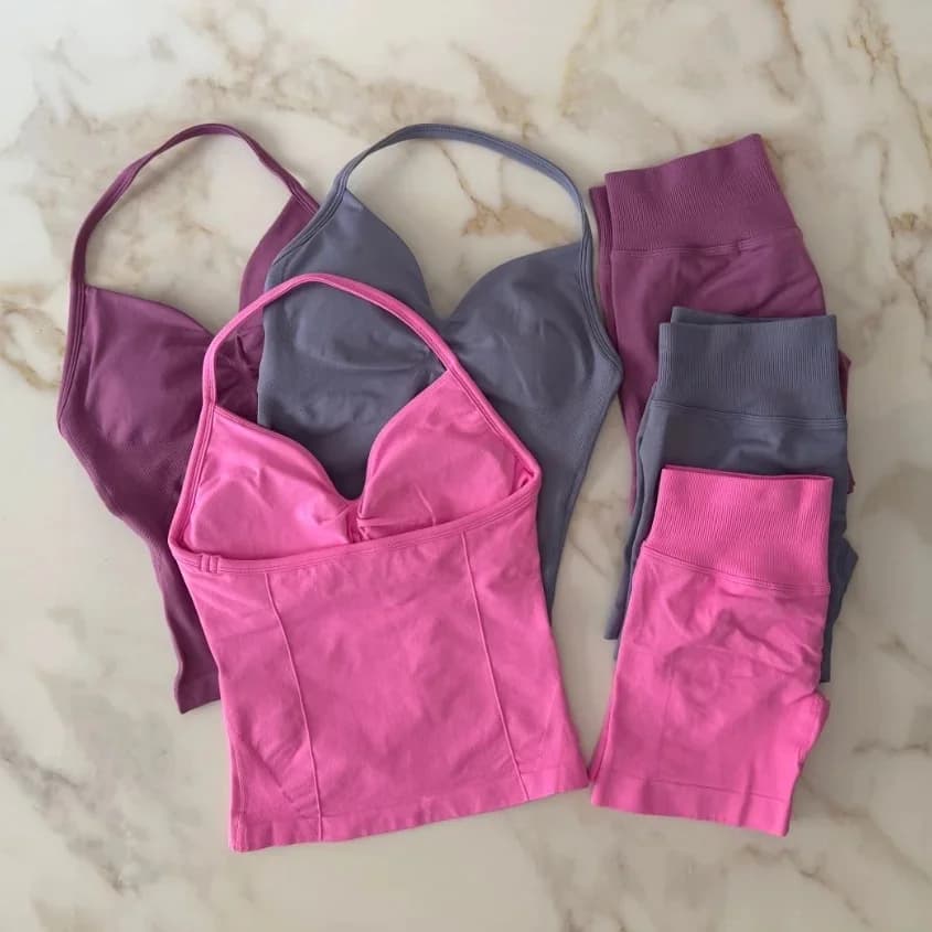 NO LOGO Gym Set Longline Strappy Top Workout Vest Scrunch Shorts Sports Halter Suit Fitness Clothes Seamless Yoga Halter Set