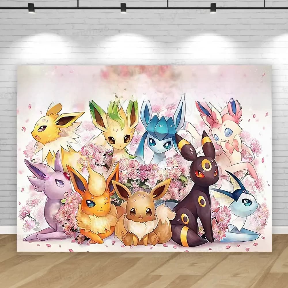 Eevee Family Pokemon Backdrop Cute Girl Princess Birthday Party Background Photography Bedroom Wall Hanging Photo Banner Decor