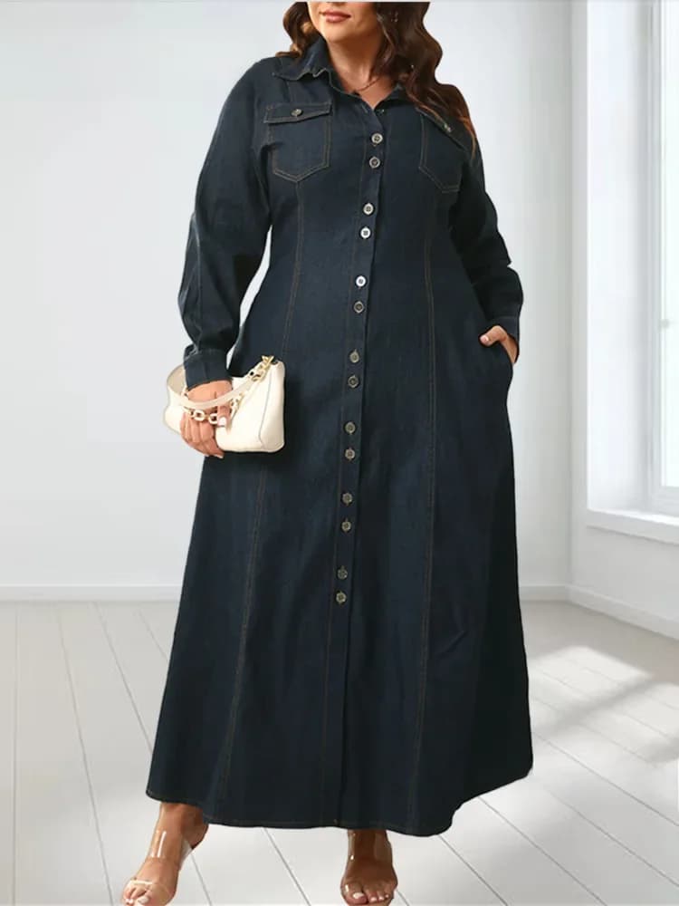 Wmstar Plus Size Dresses for Women Denim Button Solid Long Fashion Elegant Maxi Dress Fall Winter Clothes Wholesale Dropshipping