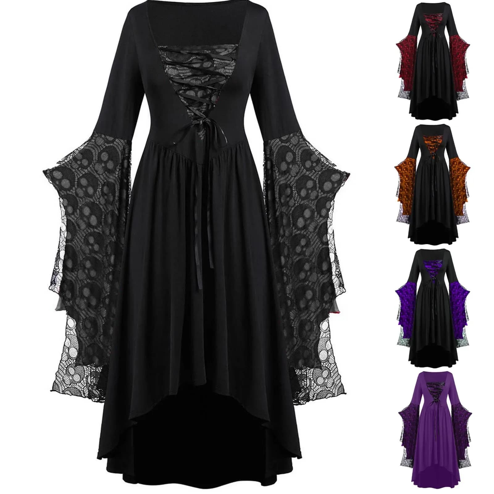 Halloween Gothic Dresses Women Vintage Witch Vampire Dress Dresses Up Carnival Party Dress Trumpet Sleeve Long Dress Plus Size