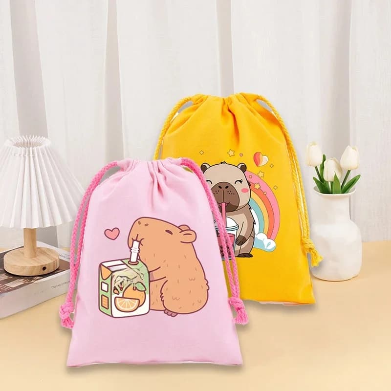 Capybara Drawstring Bags Cartoon Anime Printed Figures Makeup Candy Storage Bag Kawaii Cotton Boys Girls Bundle Pockets Gift Bag