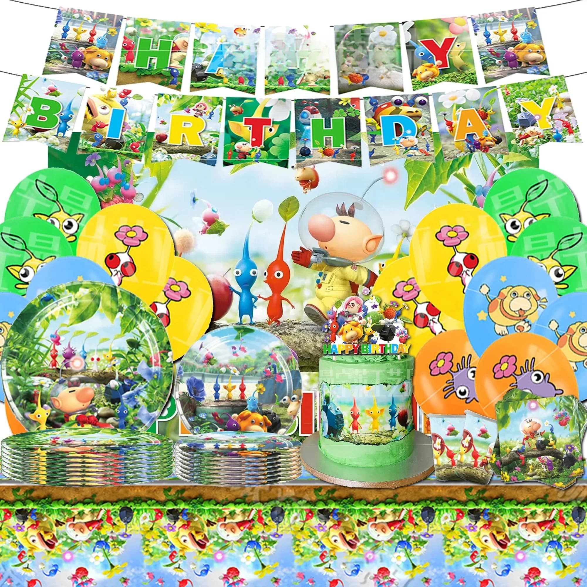 Hot Game Pikmin Birthday Party Decorative set dinnerware Banner Cake Disposable Hanging Flag Pikmin Balloons Birthday Decoration