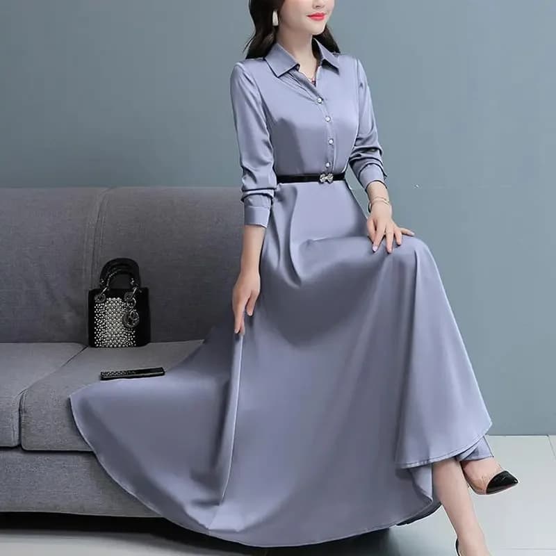 Stylish Commute A-Line Sequined Long Dress Women's Clothing Solid Color Basic 2026 Spring Autumn Turn-down Collar Button Dresses