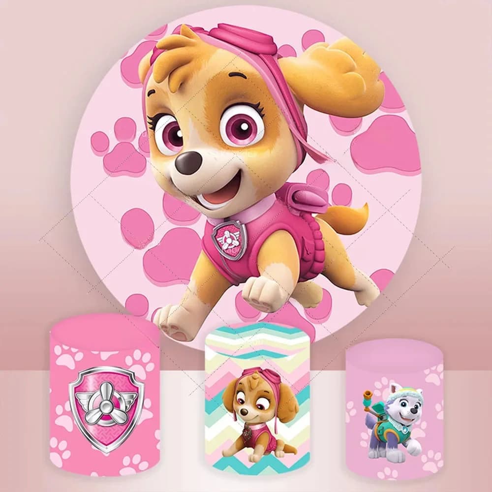 Paw Patrol Skye Round Backdrop Cover For Girls Birthday Party Background Baby Shower Cylinder Event Decoration Custom Banner