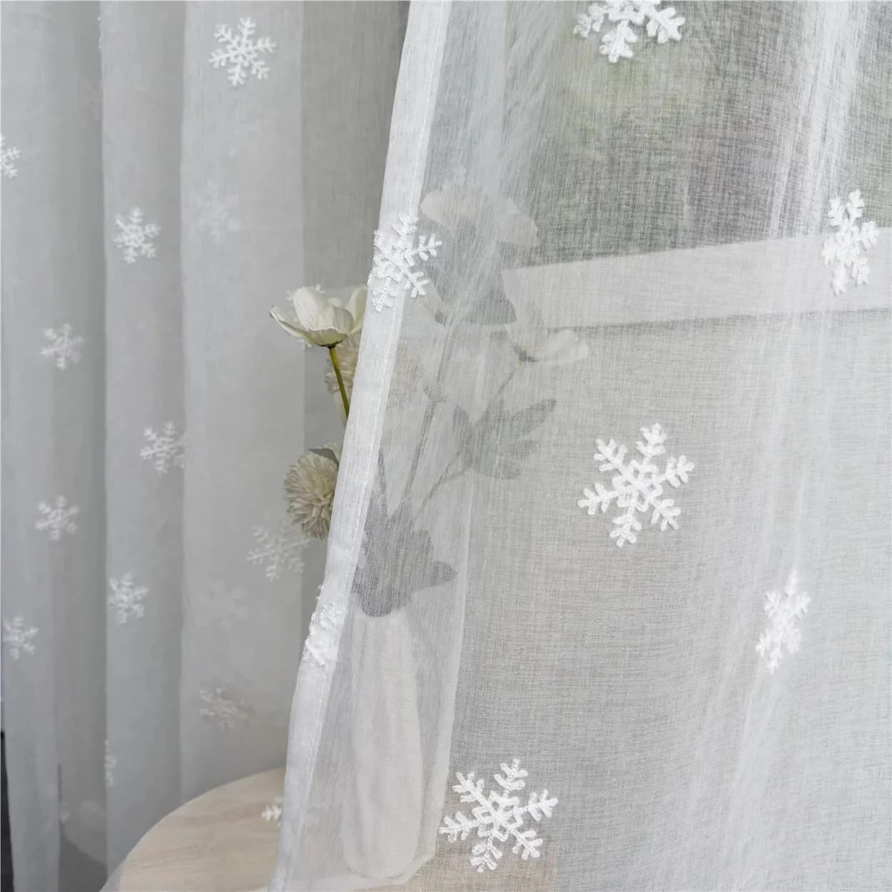Christmas Home Decor White Romantic Snowflake Embroidery Tulle Curtain Imitation Linen Elegant Curtain For Living Room Bedroom