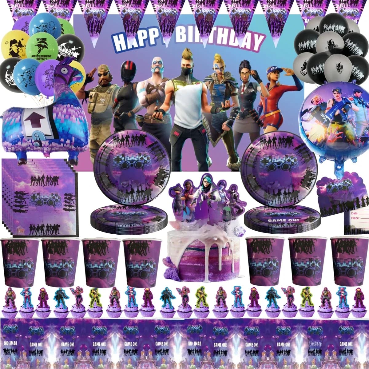 Shooting Game Fortnition Birthday Party Decoration Plate Cup Cartoon Alpaca Llama Foil Globos Baby Shower Kids Party Supplies