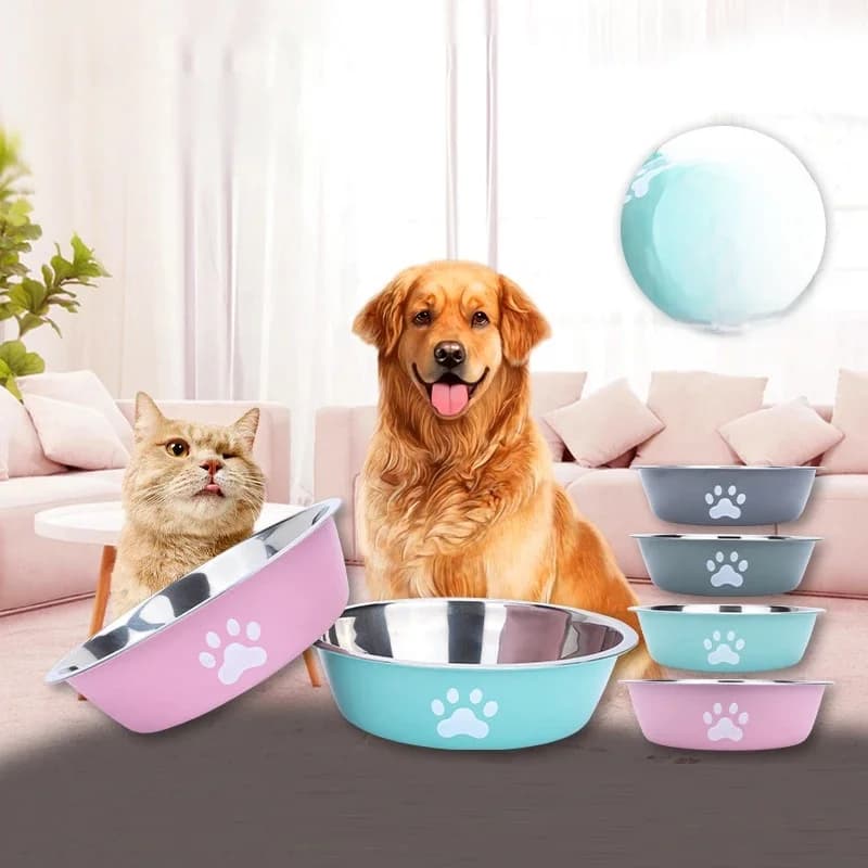 New stainless steel dog basin paw print pet supplies cat bowl dog bowl silicone anti-slip design pet drinking water feeding bowl