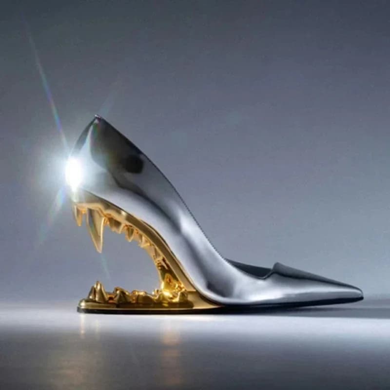 2025 Summer Spring Women High Heels Shoes Sexy Woman Metal Fangs Pointed Toe Sandals Pointed Toe Luxury Brand Peep Toe Pumps
