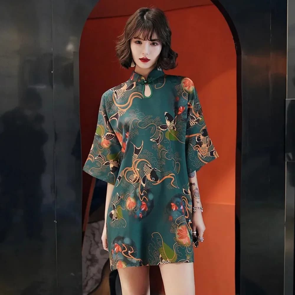 Traditional Chinese Hanfu Qi Pao Women Retro Cheongsam Girl Japanese Harajuku Style Vintage Carp Crane Printed Party Qipao Dress