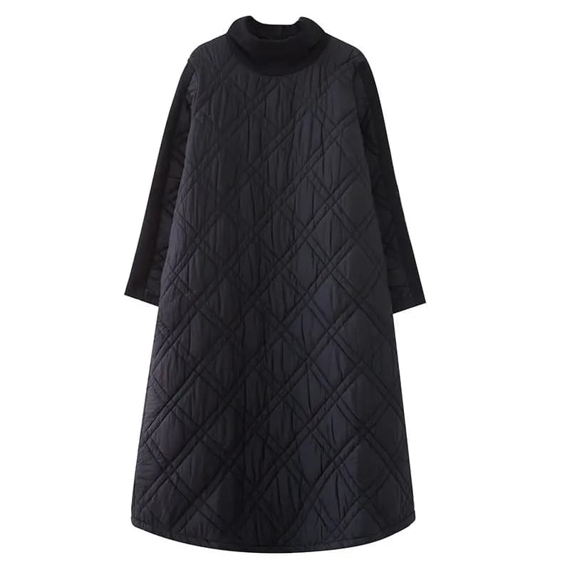 Retro Quilted Diamond Dress Thick Stitching Warm Autumn Winter Clothing New Women's High-Neck Casual Long Tunic y750