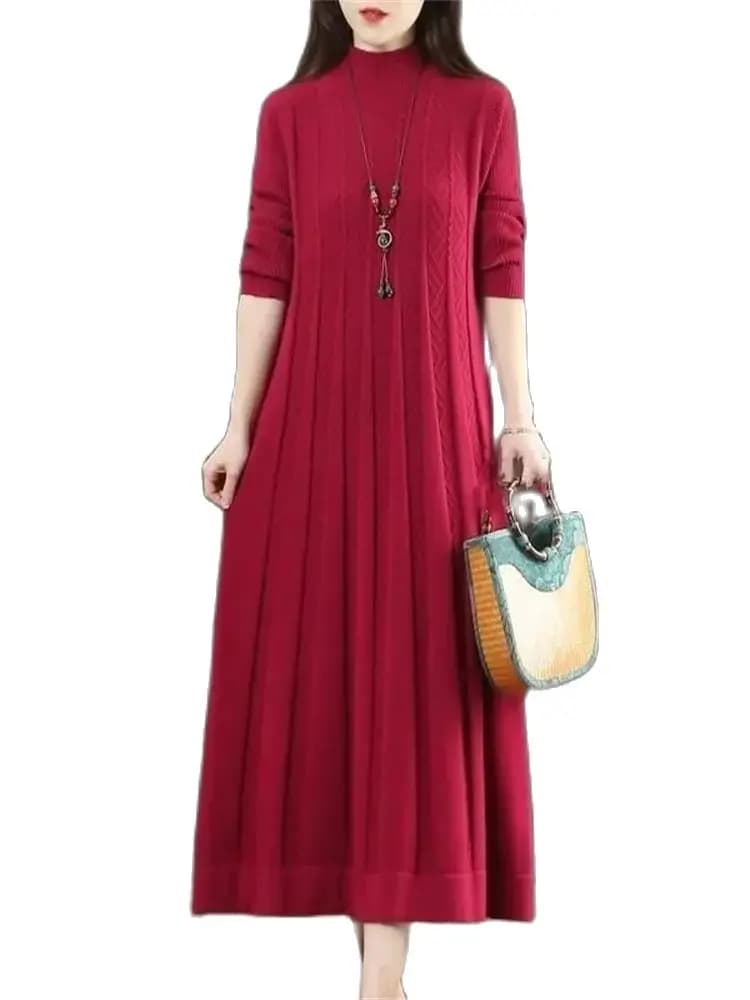 2024 Autumn/Winter Oversized Covering Belly Dress Sweater Underlay For Mother's New Long Knitted Woolen Dress Pullover 6XL Green