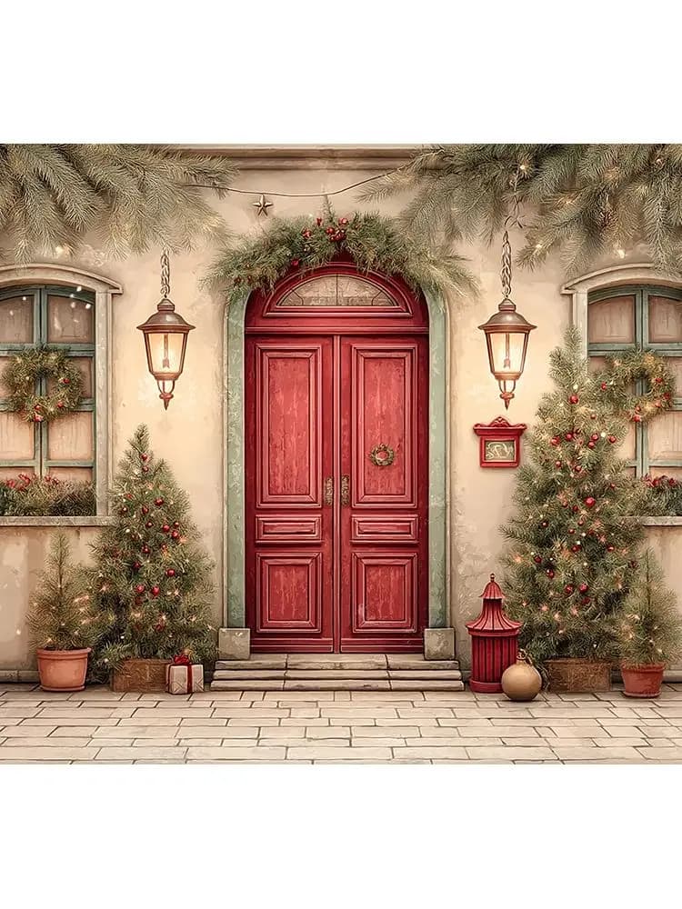 Christmas Themed Front Red Door With Lanterns Photography Backdrop Kids Baby Adult Cake Smash Photocall Backgrounds