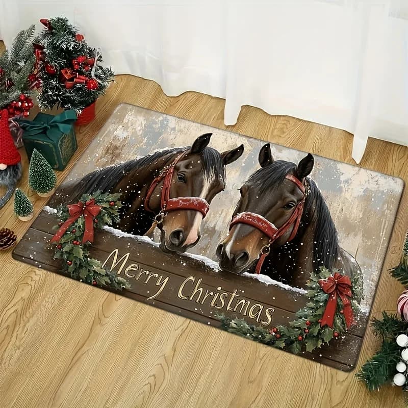 Christmas Horse Santa Hat Doormat,"Merry Christmas" Text Flannel Machine Washable Non-Slip Rug Kitchen Living Room Holiday Decor