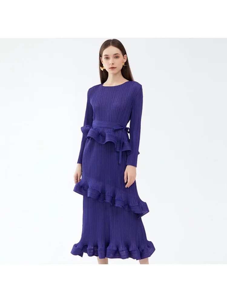 Spring 2024 Miyake Ruffled Long Sleeve Tie Dress Women's Mid-length Simple Slim Pleated Dress
