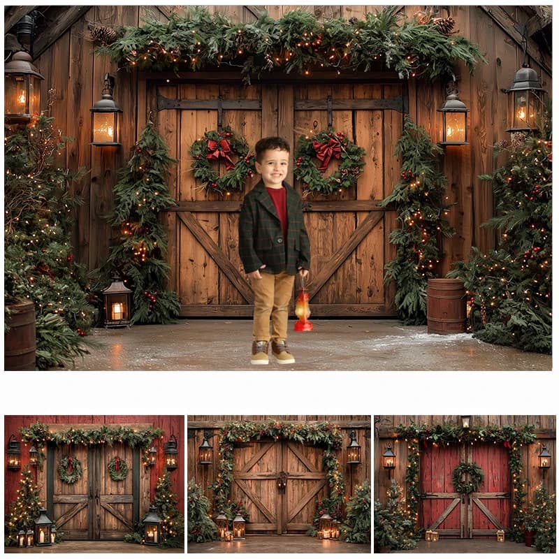 LS Xmas Wooden Door Backdrops Kids Family Photography Child Adult Photocall Decors Winter Wreath Backgrounds