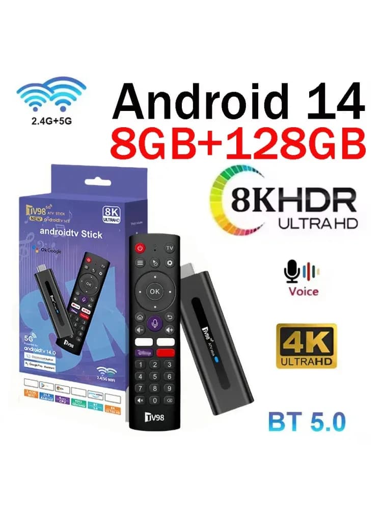TV98 ATV Stick 8K 4K HD Support Video BT5.0 Dual WiFi6 4G 5G Voice Remote Allwinner H313 Quad Core Smart TV Stick 8GB 128GB for