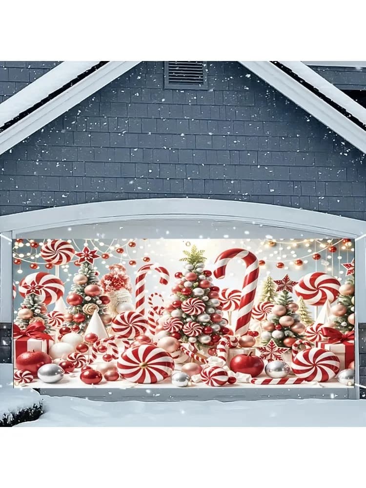 Christmas Candy world scene pattern background, large holiday garage flag, polyester fiber, suitable for Christmas