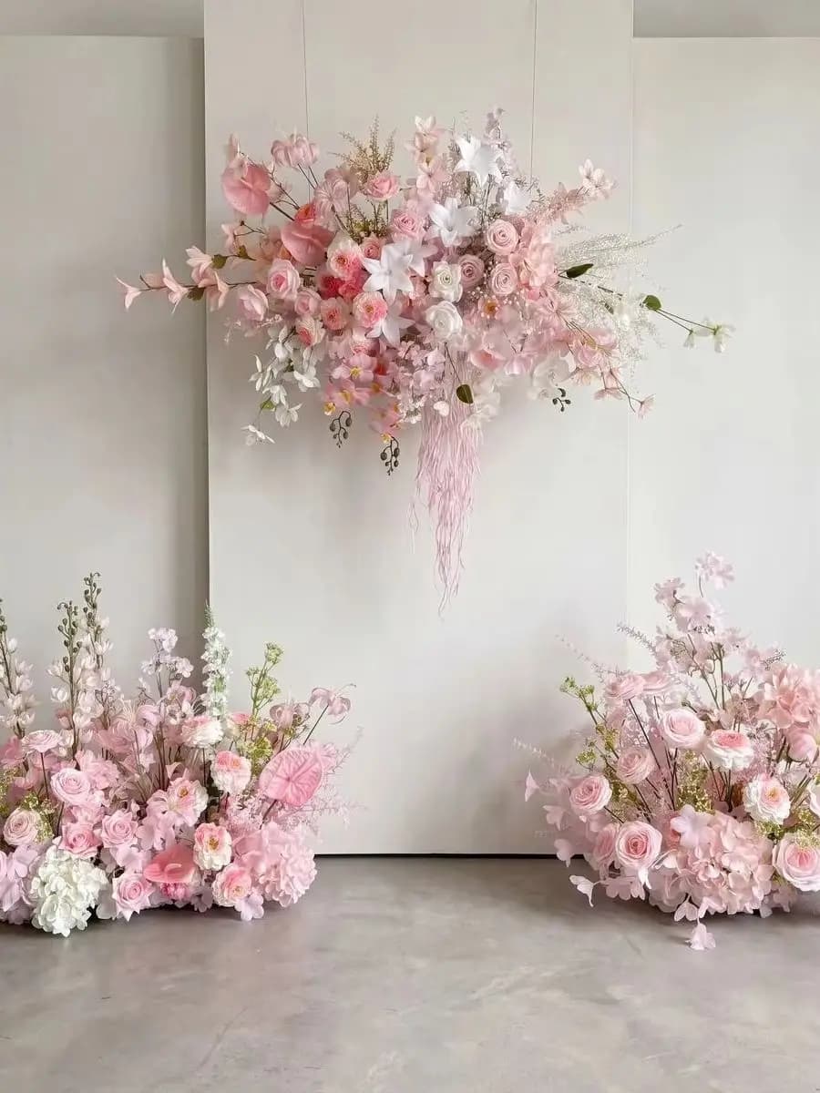 3pcs Wedding Simulation Floor Row Silk Flower Finished Decorative Flower Row T Platform Road Guide Birthday Party Wedding Pink