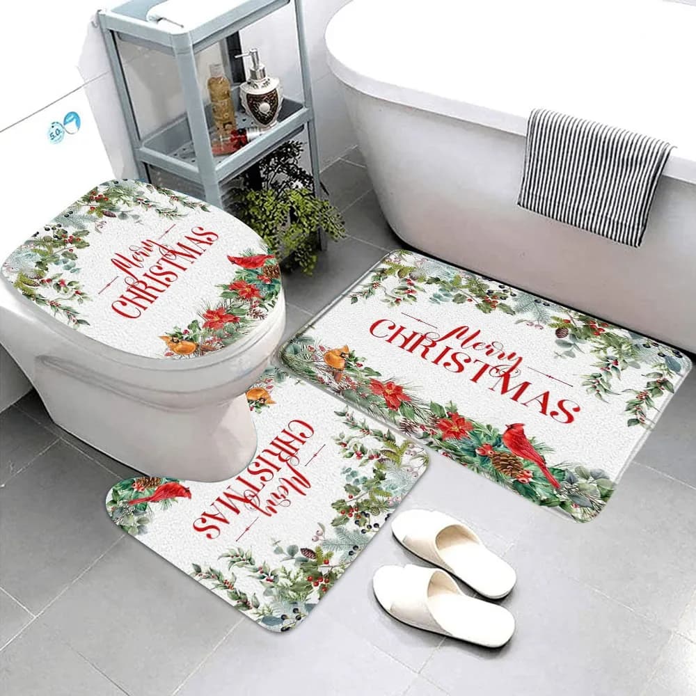 Merry Christmas Red Floral Botanical Leaf Bath Mat Christmas Holiday Doormat Bathroom Rugs Toilet Mats Bathroom Decoration