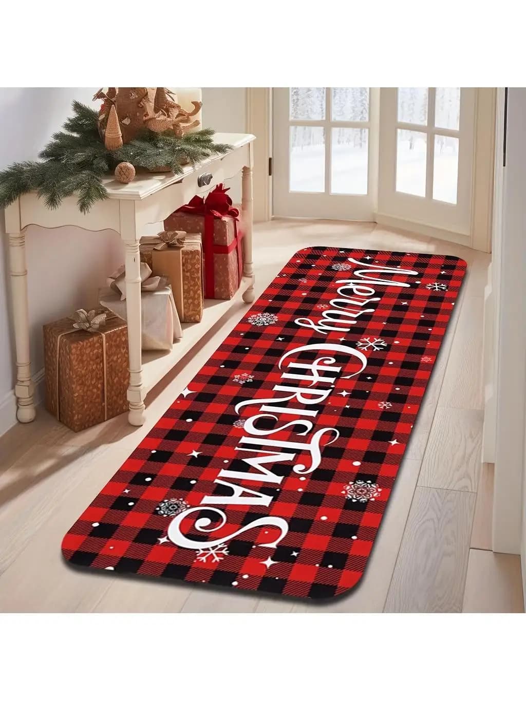 Snowflake Buffalo Plaid Christmas Runner Rug, Non-Slip  Polyester Mat for Doorway Kitchen Laundry Bedroom Living Room Decor