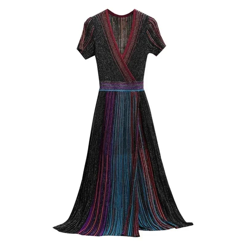 GGHK Stylish V-neck Knit Maxi Dress with Metallic Stripes 2024 New Luxury Woman Party Dress Sexy Vintage Robe Elegant Gowns