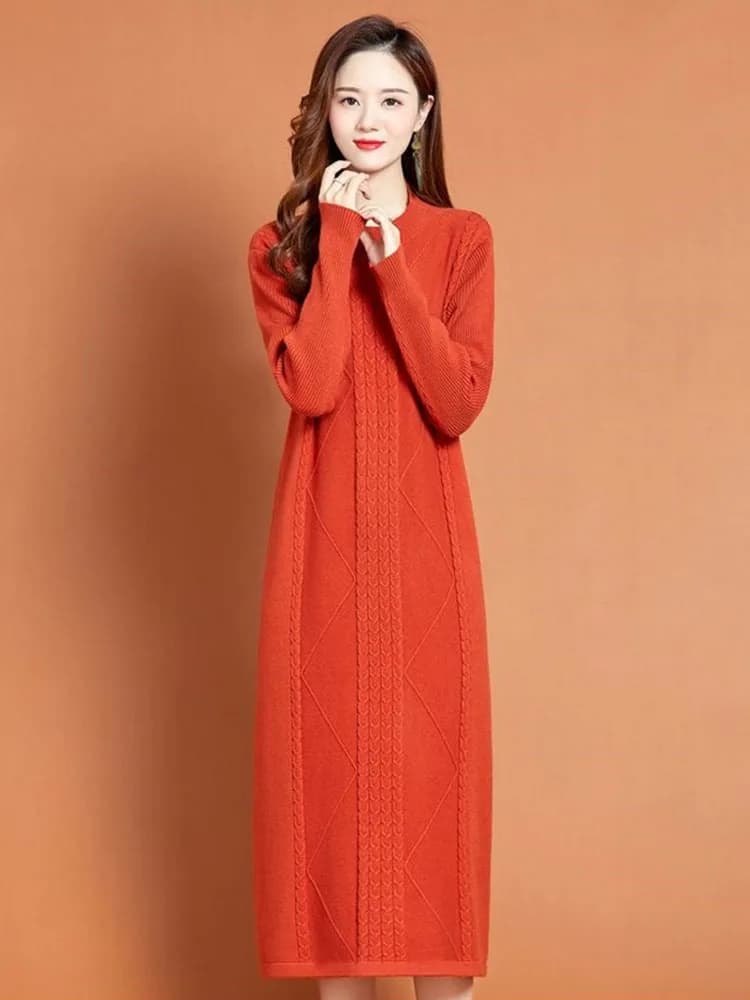 NEW Autumn Winter Large Size Covering Belly Dress Middle Aged Elderly Mother Retro Long Knitted Sweater Dresses Vestidos Mujer