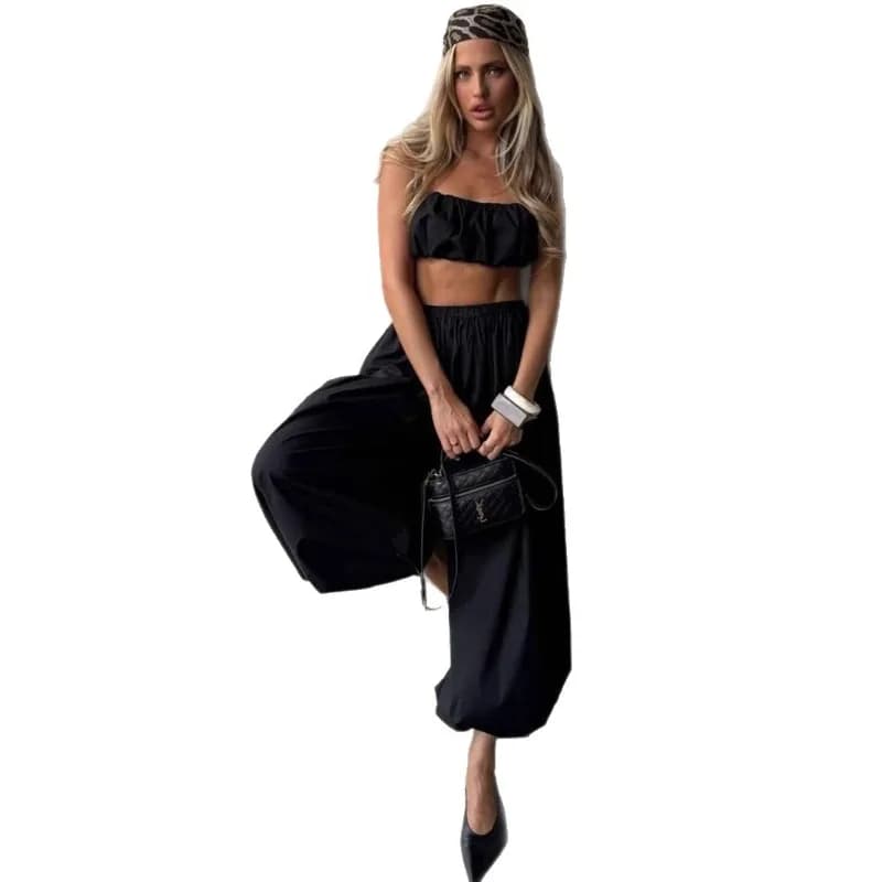 Talenza Summer Fashion Pocket Bloomers Female Trousers Pleated Loose High Waist Patchwork Bandage Streetwear Wide Leg Women Pant