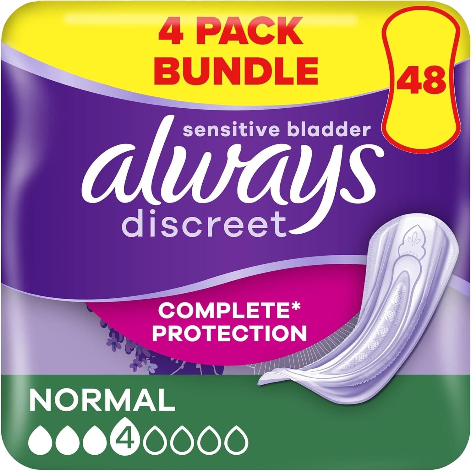 48 x Always Discreet Sensitive Bladder Incontinence Pads Normal (4 Packs of 12)