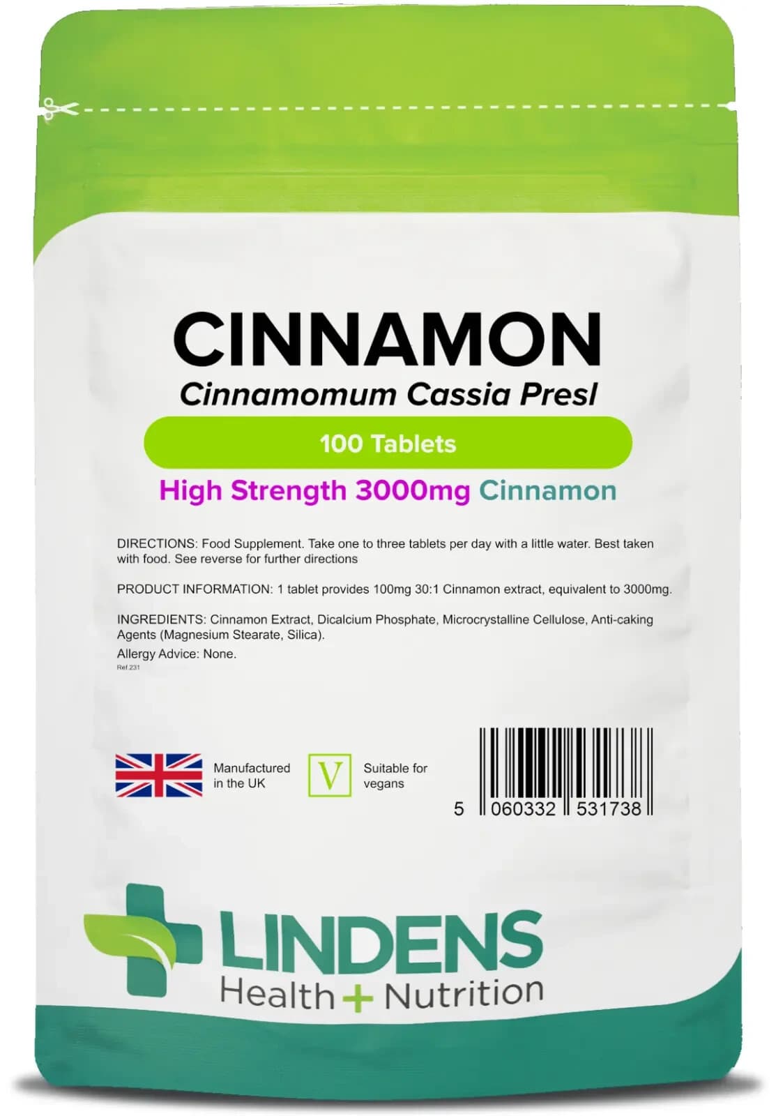 Cinnamon 3000mg 100 Tablets (Extract Dried Cinnamon Bark) Lindens