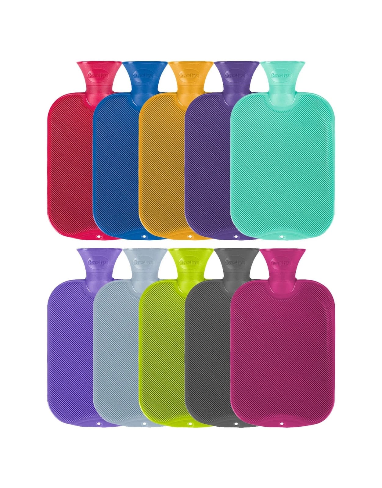 Fashy 2 Litre Single Ribbed Hot Water Bottles - Assorted Pack of 10