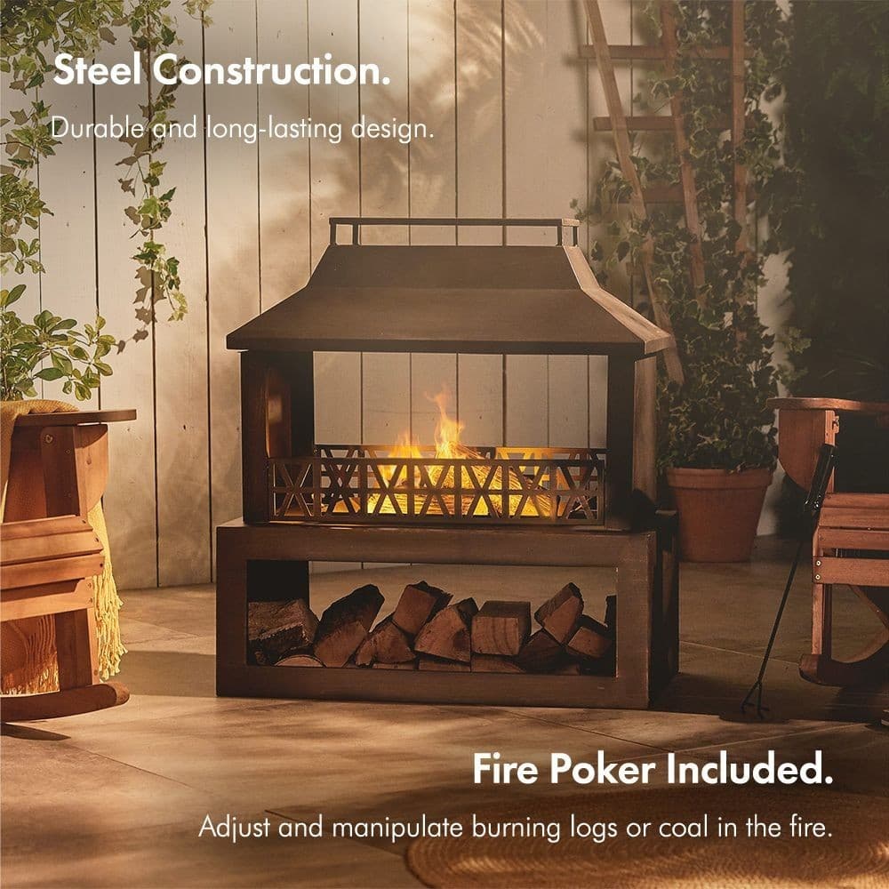 Vonhaus Outdoor Fireplace| Fire Pit With Log/wood Store For Garden| NEW