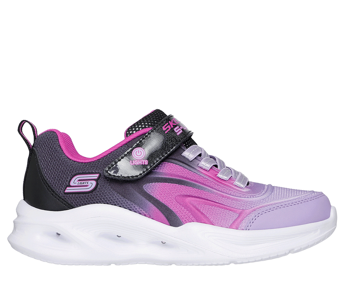 Skechers Girls S-Lights: Sola Glow - Colour Breeze Sneaker in Black, Size 12 | Textile/Synthetic