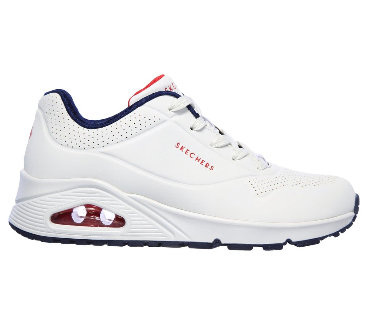 Skechers Women's UNO - Stand on Air Sneaker in White/Navy Blue, Size 6.5 | Textile/Synthetic