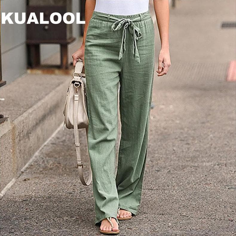 Women Solid Linen Pants Lace Up Elastic Waist Loose Wide Leg Trousers Summer Casual Long Pants Plus Size S-5XL cm tan