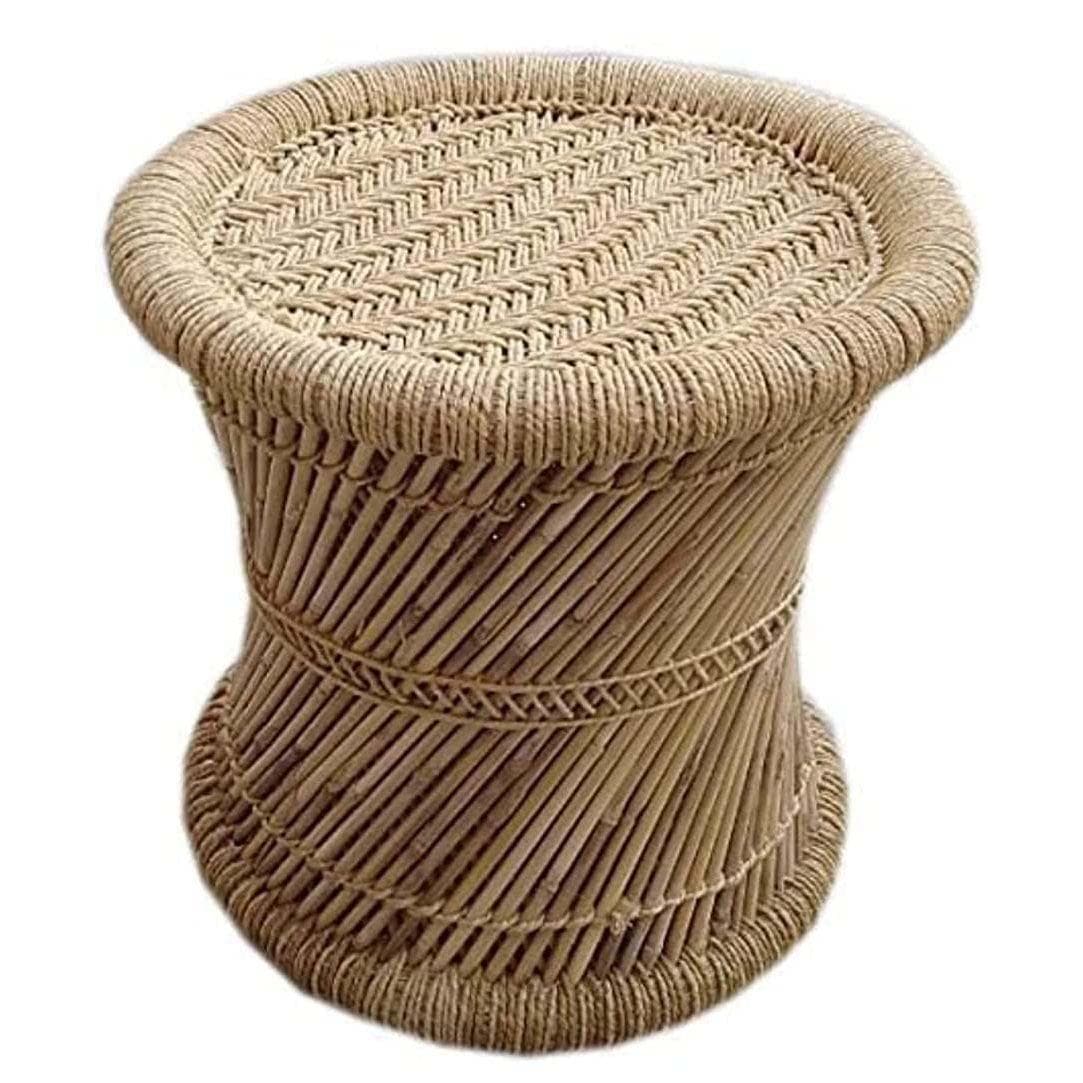 Handmade Bamboo Mudda with Beige Design | Cane Stool | Stool | Rattan- 15 X 15 Inch