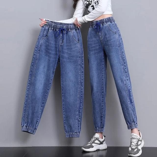 Fashion Drawstring Harem Jeans Women Casual Elastic Denim Pants  Wash Vintage Baggy Pants cm black