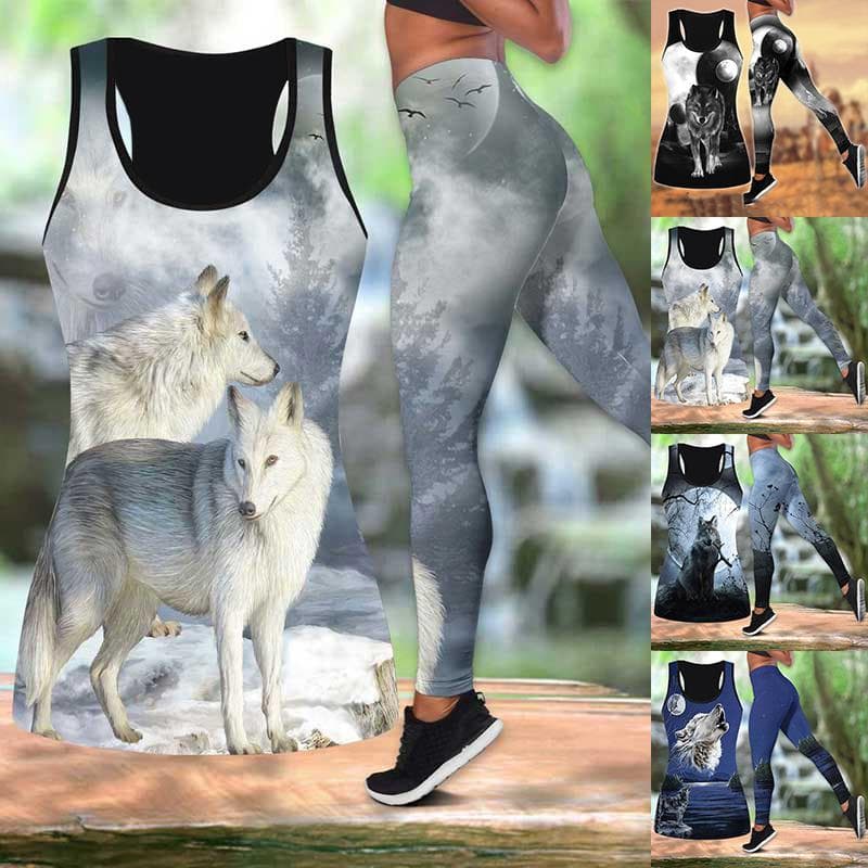 White Wolf Dog Print Yoga Outfit for Women Fashion 3D Printed Workout Leggings Fitness Sports High Waist Casual Yoga Pants cm black