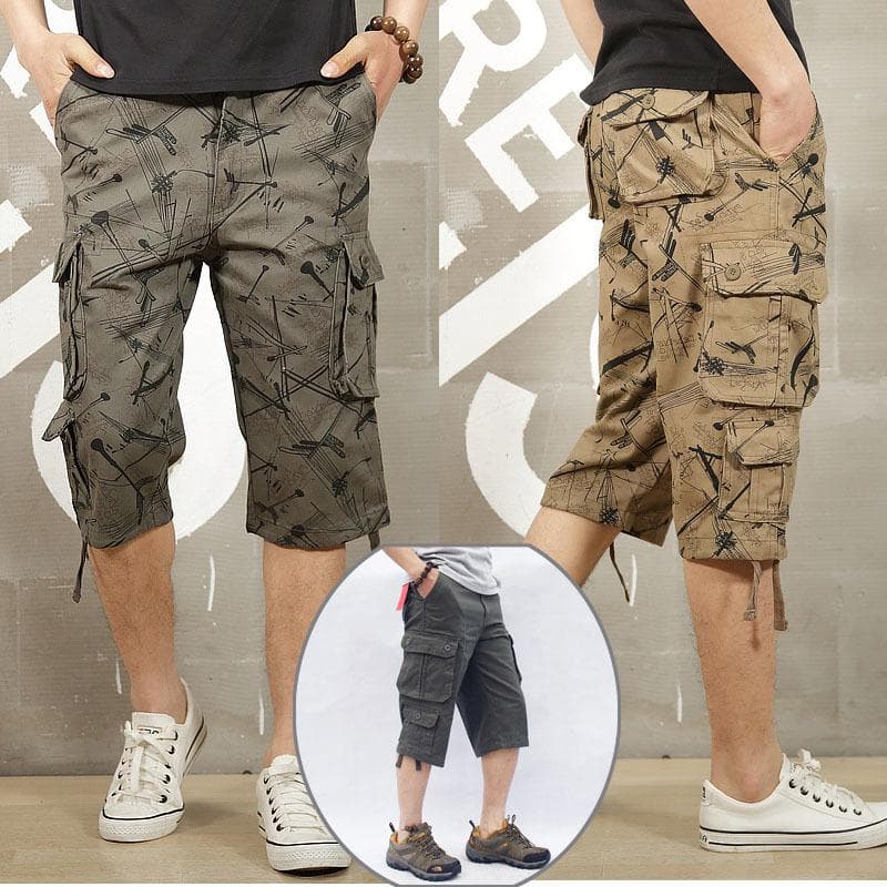 Camouflage Long Length Cargo Shorts Men Summer Casual Cotton Breeches Baggy Multi Pocket Military Capri Pants Tactical Short cm khaki