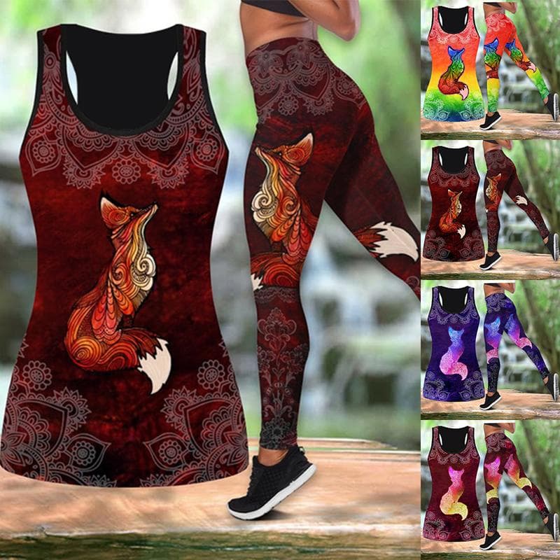 Fox Print Yoga Outfit for Women Fashion 3D Printed Workout Leggings Fitness Sports High Waist Casual Yoga Pants cm red
