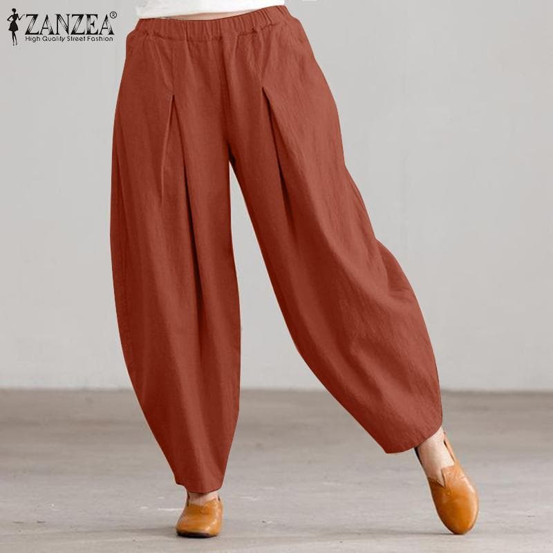 ZANZEA Women Summer Cotton Pants Solid Color Casual Elastic Waist Loose Harem Pants cm Dark blue