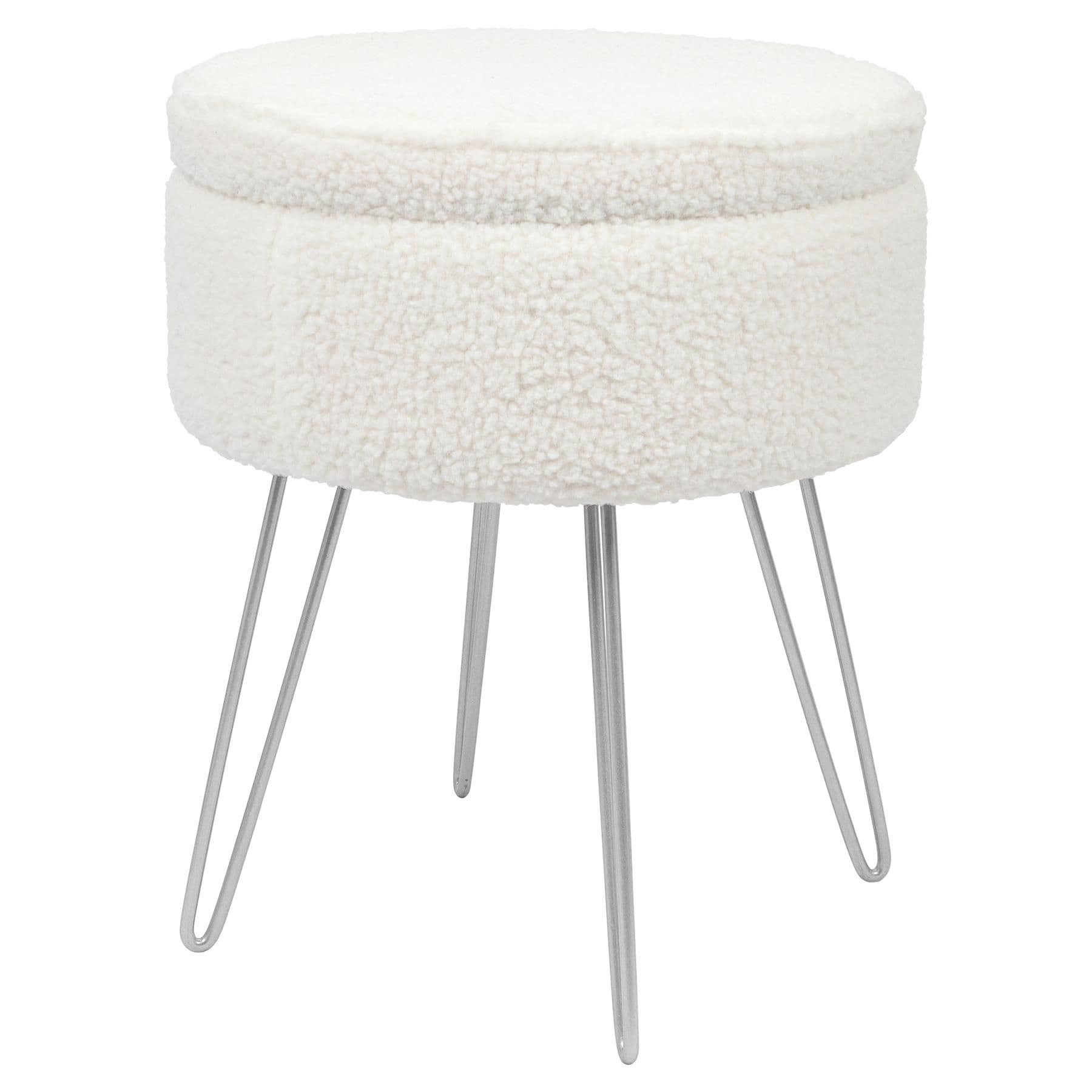 Harbour Housewares Round Storage Boucle Footstool Ottoman Footrest Accent Stool - Cream in Silver