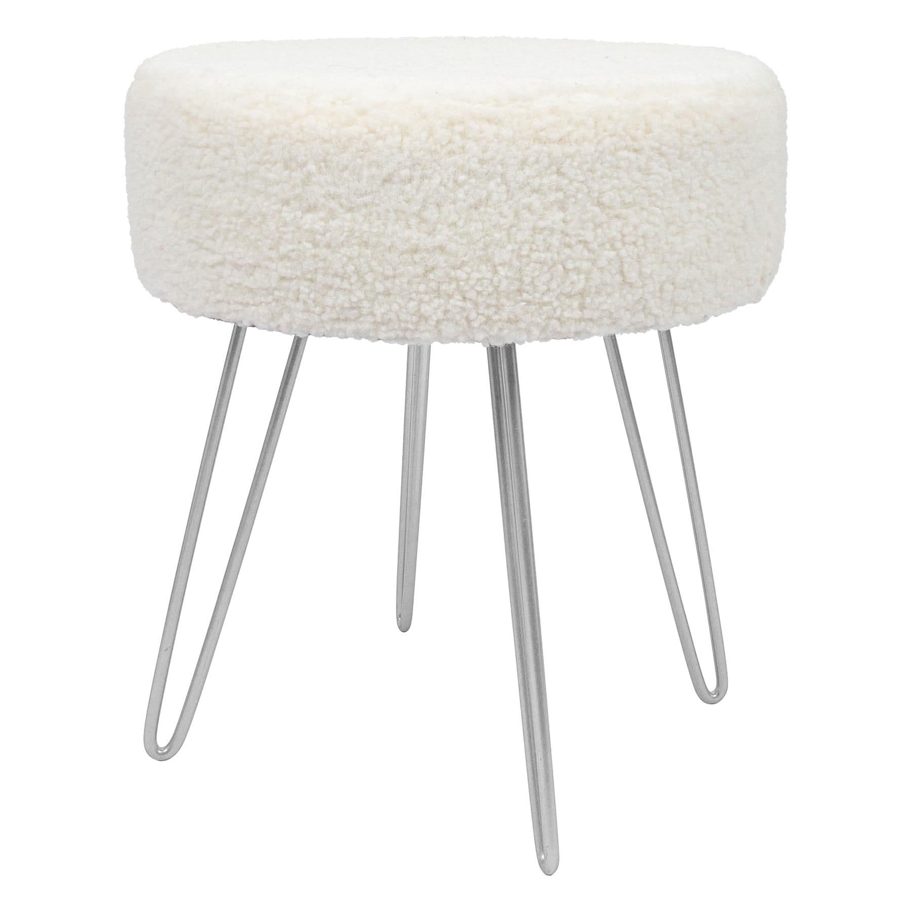 Harbour Housewares Round Boucle Footstool - Small Ottoman Footrest Accent Stool Gold Base in Silver