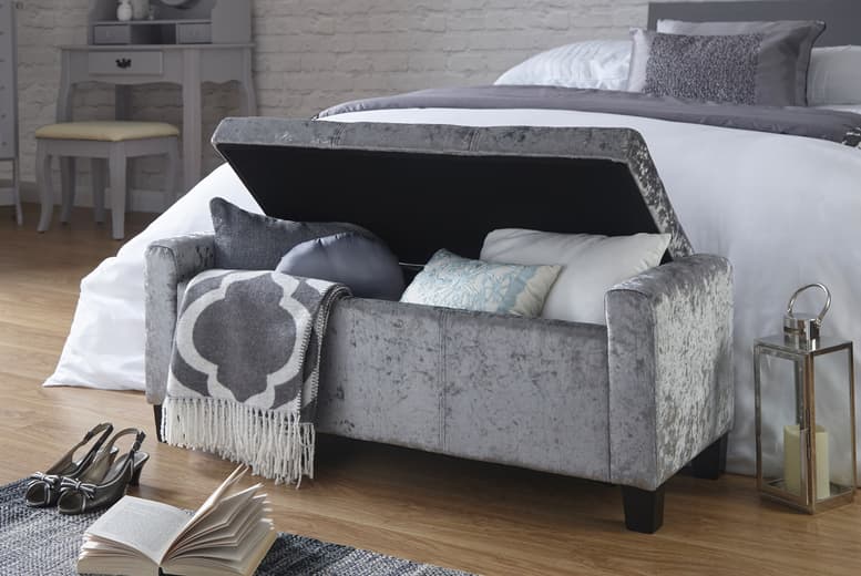 Verona Grey Crushed Velvet Storage Ottoman Bench - Upholstered Bedroom & Hallway Organiser | Wowcher