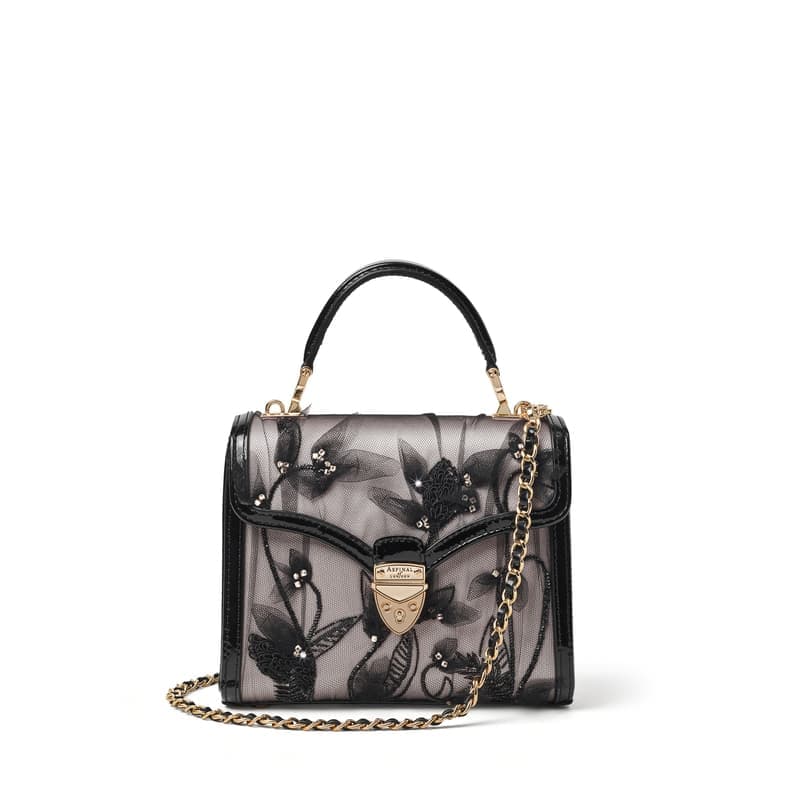Aspinal of London Midi Mayfair® Ivory Satin with Hand Embroidered Black Tulle