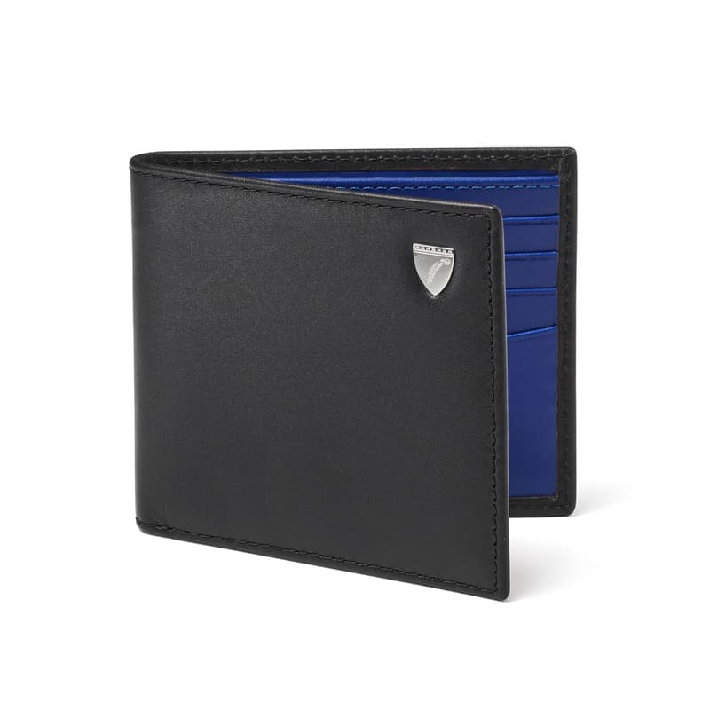 Aspinal of London 8 Card Billfold Wallet in Smooth Black & Caspian Blue