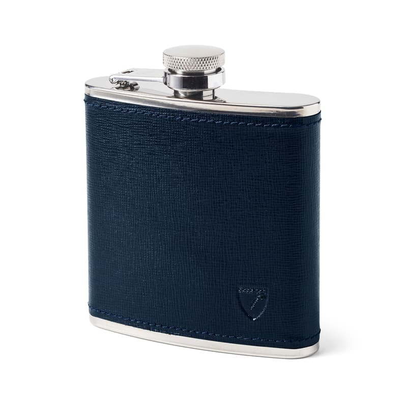 Aspinal of London Classic 5oz Leather Hip Flask in Navy Saffiano