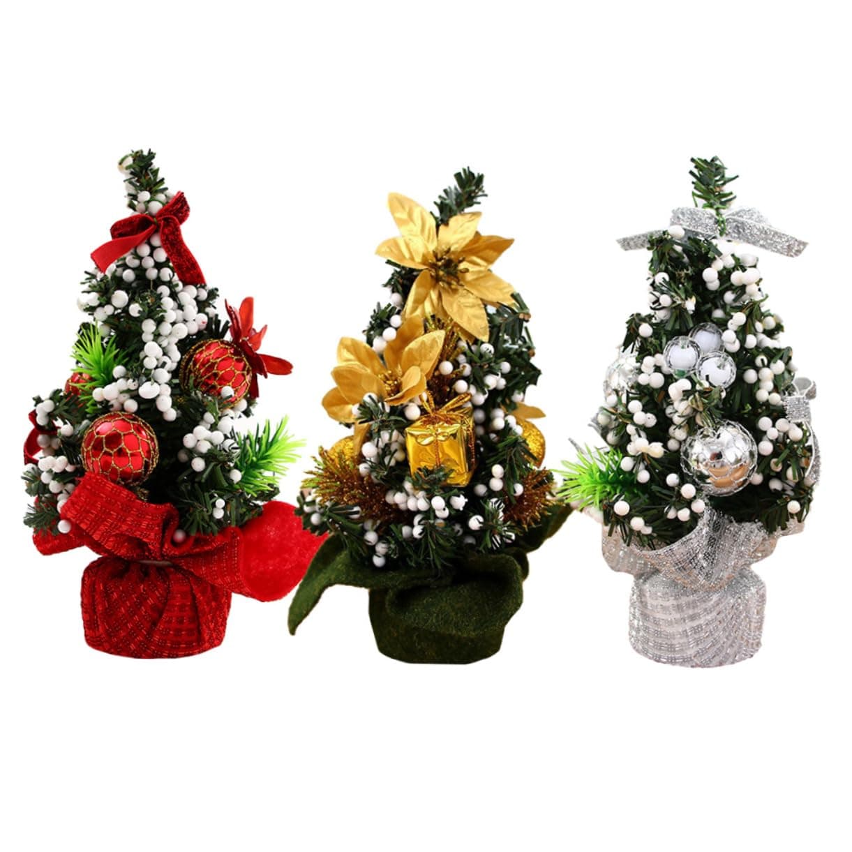 3Pcs Mini Christmas Tree Décor Set - Festive Tabletop Ornament for Home & Office, PVC & Fabric, 20cm