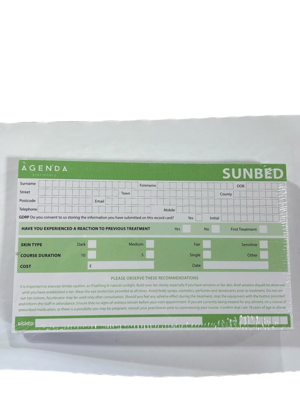 Agenda Sunbed Record Cards