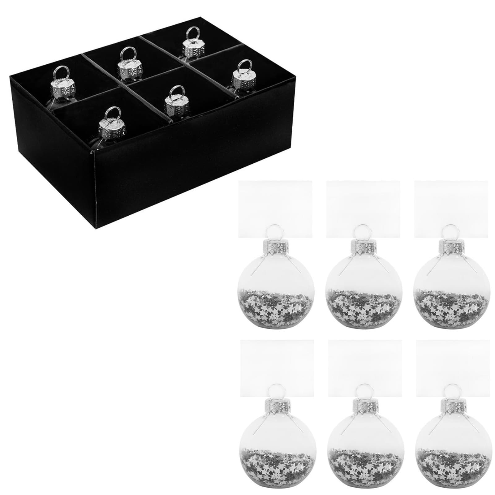 Silver Glitter Christmas Glass Bauble Place Card Holders x6 - Harvey and Mason